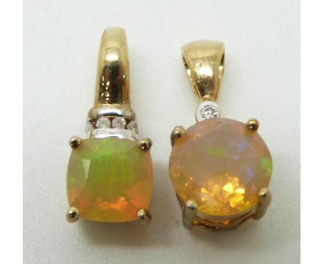 Two 9ct gold pendants each set with an opal and diamonds&nbsp;