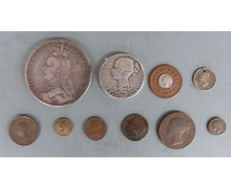 Ten Victoria coins to include Jubilee crown, commemorative coin, model penny, halfpenny and half farthing, fraction farthings