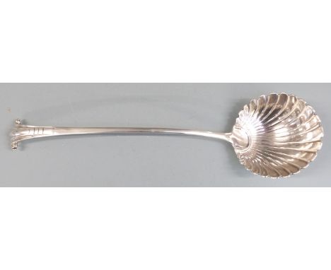 Large Georgian silver Onslow pattern ladle, bottom hallmarked but rubbed, maker's mark IH or HI, length 36cm, weight 218g