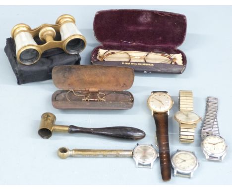 Collectables to include five watches including Timex, Sekonda, Medana and Primula, gunpowder measure, two cased sets of spect