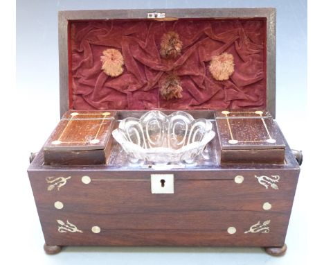 19thC sarcophagus shaped mother of pearl inlaid rosewood tea caddy with fitted interior, width 33cm