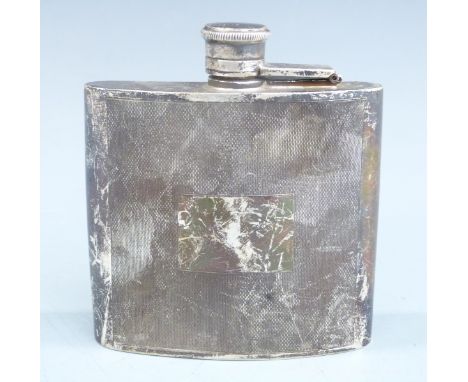 Hallmarked silver hip flask of curved form with engine turned decoration and bayonet cap, Birmingham 1977 maker&nbsp;Laurence