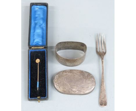 Cased gold stick pin set with a seed pearl, hallmarked silver napkin ring, hallmarked silver lid and hallmarked silver fork, 