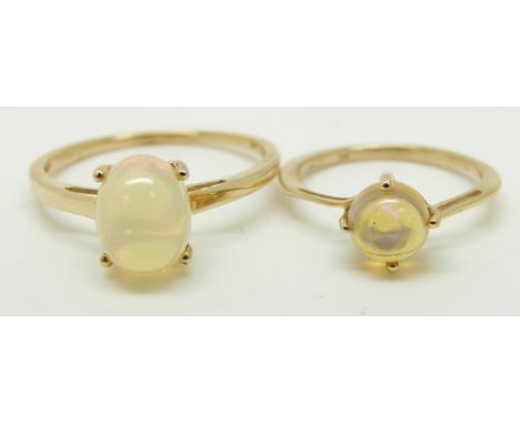 Two 9ct gold rings set with Ethiopian opal cabochons to each, 3.1g, size J &amp; S