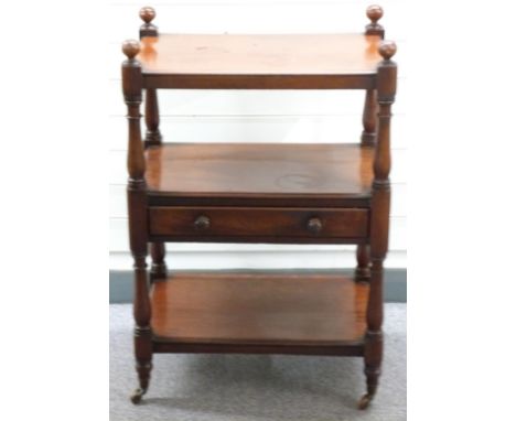 A 19thC mahogany two-tier buffet with single straight drawer, raised on turned supports and ceramic castors,&nbsp;W60 x D40 x
