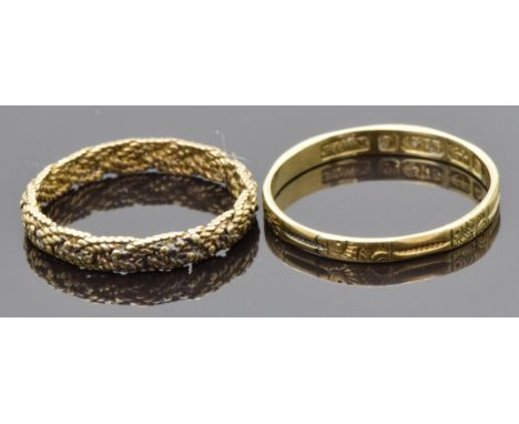 Victorian yellow metal ring of fine woven rope design and a Victorian 9ct gold ring with engraved decoration, Birmingham 1855