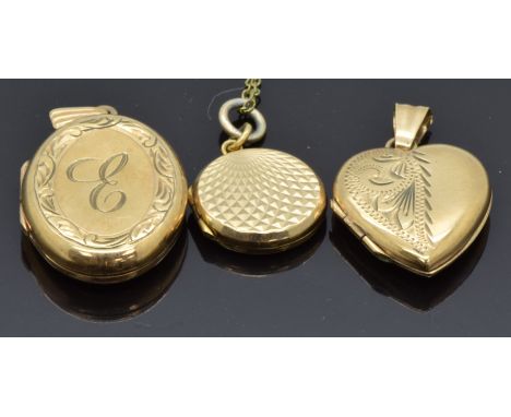 A 9ct gold locket, 9ct gold heart locket and a 9ct back and front locket with engine turned decoration, 7.6g
