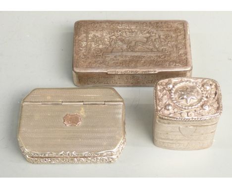 Dutch white metal spice or similar box, height 4cm together with two silver plated snuff boxes