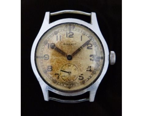 Moeris gentleman's military wristwatch with subsidiary seconds dial, Arabic numerals, silver dial, railroad minute track, cas