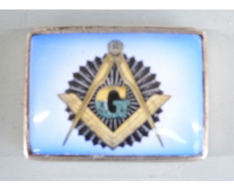 White metal Masonic interest trinket pot with enamel decoration to lid and marked 925 to base, width 3.5cm