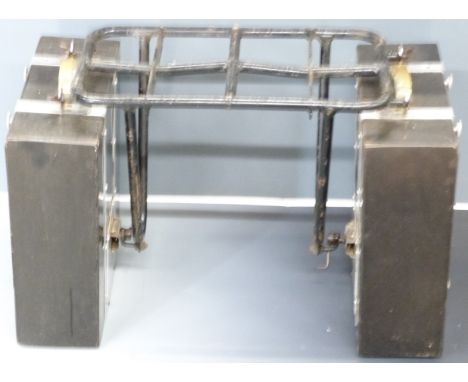 Pair of vintage or classic motorcycle panniers with mounting farme, height 42.5cm