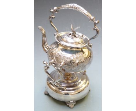 Ornate silver plated spirit kettle on stand with bird handle to teapot, height 34cm&nbsp;