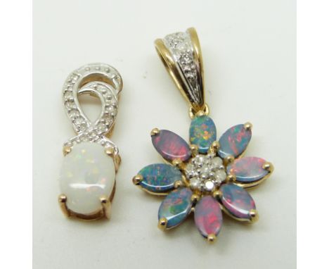 Two 9ct gold pendants, both set with diamonds and opal triplets, 3.5g