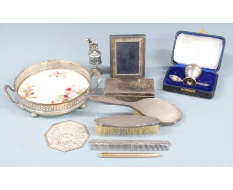 Chinese white metal trinket or dressing table box with engraved decoration to lid, length 12cm, hallmarked silver photograph 