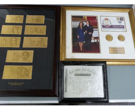 William and Kate commemorative crowns and stamp cover, gold leaf German banknote set and an East India £10 share certificate,