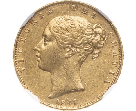 UNITED KINGDOM. Victoria, 1837-1901. Gold sovereign, 1847. London. First young head of Victoria facing left, hair tied in fil