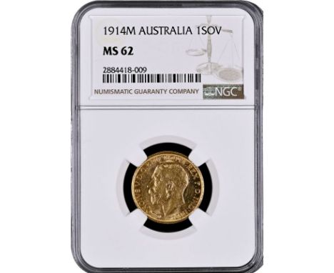 AUSTRALIA. George V, 1910-36. Gold sovereign, 1914 M. Melbourne. Bare head left, B.M. on truncation; GEORGIVS V D. G. BRITT: 