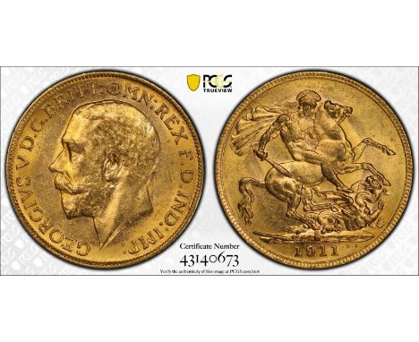 AUSTRALIA. George V, 1910-36. Gold sovereign, 1911 M. Melbourne. Bare head left, B.M. on truncation; GEORGIVS V D. G. BRITT: 