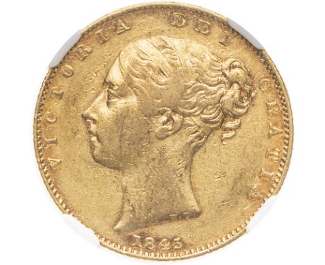 UNITED KINGDOM. Victoria, 1837-1901. Gold sovereign, 1845. London. Spread 4 5. First young head of Victoria facing left, hair