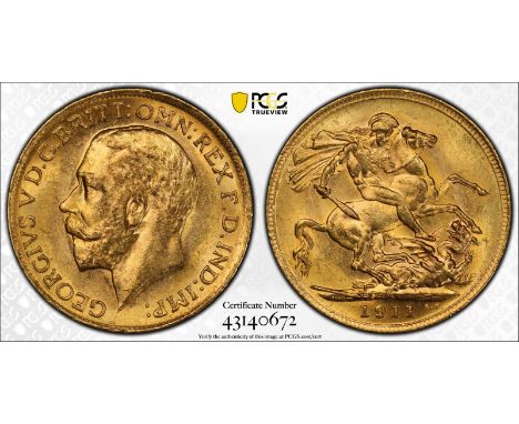 AUSTRALIA. George V, 1910-36. Gold sovereign, 1911 M. Melbourne. Bare head left, B.M. on truncation; GEORGIVS V D. G. BRITT: 