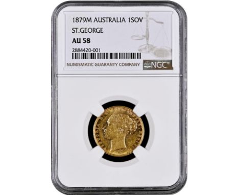 AUSTRALIA. Victoria, 1837-1901. Gold sovereign, 1879 M. Melbourne. St George; Long Tail. Young head left, WW buried in trunca