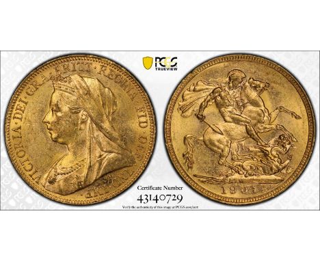 AUSTRALIA. Victoria, 1837-1901. Gold sovereign, 1901 M. Melbourne. Old, veiled bust left, T.B. below; VICTORIA · GRA · BRITT 