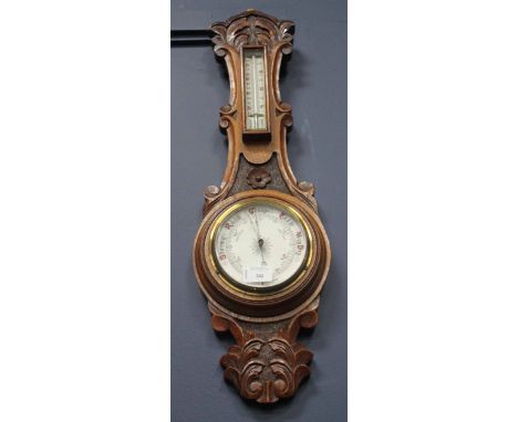 VICTORIAN OAK CASED ANEROID BAROMETER WITH THERMOMETER