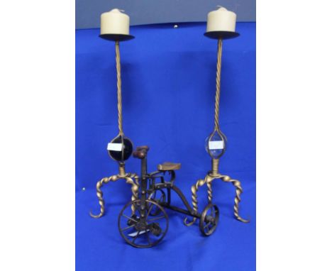 LOT OF COLLECTABLES including a model of the Arc de Triomphe, pair of modern candlesticks, miniature tricycle, etc 