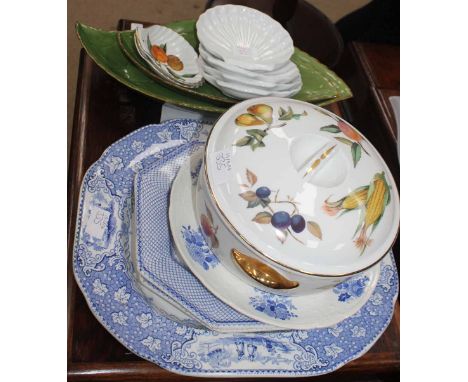 BLUE AND WHITE POTTERYIncluding J& MP Bell Platter, Royal Worcester Fruit Pattern lidded serving dishes and six shell dishes.