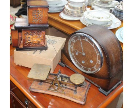 LOT OF COLLECTABLESincluding a mantel clock, a set of scales, an ashtray, etc