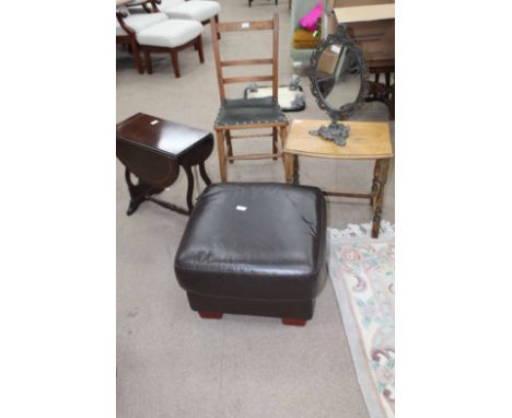 SMALL REPRODUCTION SOFA TABLE, OAK TABLE, HALL CHAIR, MODERN POUFFE AND A MIRROR