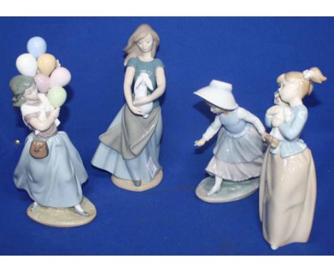 FOUR NAO FIGURESincluding a girl with balons, a girl with a puppet, a girl with a rabbit and a girl running, largest 26cm hig