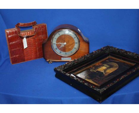 VINTAGE CROCODILE HANDBAG, ALEXANDER CLARK MANTEL CLOCK, EARLY 20TH CENTURY OIL PAINTING AND A CARVED WOOD OCCASIONAL TABLE (