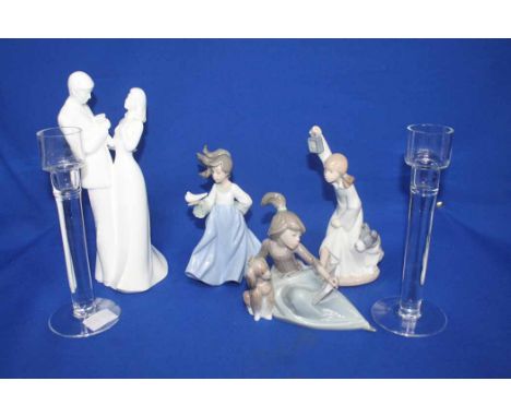 THREE NAO FIGURESall of children; together with a Royal DOulton Reflections figure and a pair of crystal candlesticks (6)