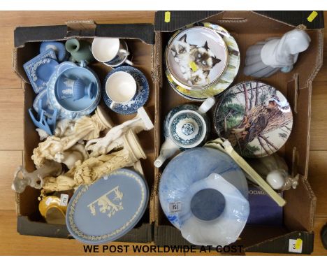 Two boxes of mixed china including Wedgwood Jasperware and Nao figures. 