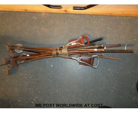 Vintage golf clubs, shooting stick, carriage whip etc 