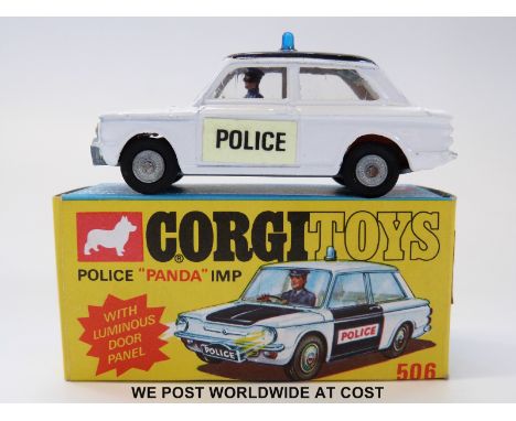 Corgi Toys diecast model Police 'Panda' Imp, 506, with white body, folding rear seats, black roof, luminous door panels and b