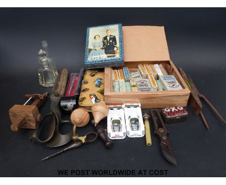 A large pair of tailor's scissors by Wilkinson & son, Sheffield, various tools, champagne corkscrew, further collectables etc