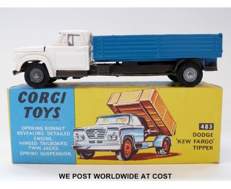 Corgi Toys diecast model Dodge 'Kew Fargo' Tipper, 483, with white cab, blue tipper and cast hubs, in original box