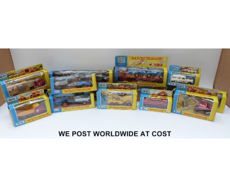 Fourteen Matchbox king size diecast model vehicles, K-1, K-1, K-2, K-4, K-6, K-8, K-11, K-11, K-12, K-16, K-16, K-18, K-19 an