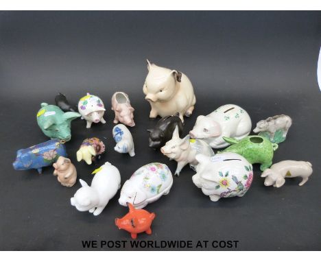 A collection of ceramic pigs to include Sylvac, Beswick Goebel, Belleek, Royal Dux, etc.