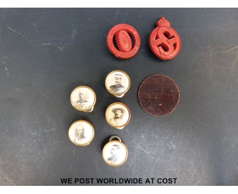 Two salvage (for the war effort) badges, one the junior example with 'cog-in-the-wheel' together with five brass badges of ge