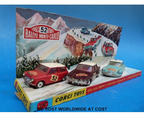 Corgi Toys Gift Set No.38 Monte Carlo Rally with BMC Mini Cooper 'S' racing number 52, 318, Rover 2000 racing number 136, 322