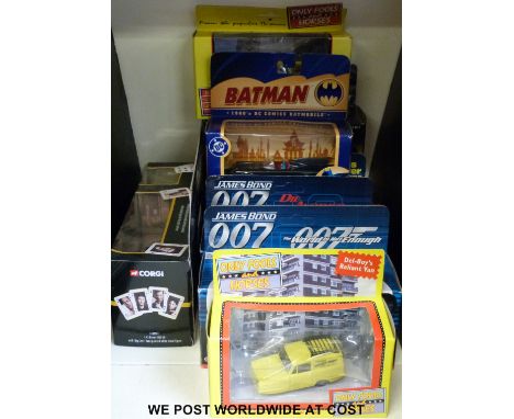 Nine Corgi novelty film and TV related diecast model vehicles including Only Fools and Horses, James Bond, Batman, Lock Stock