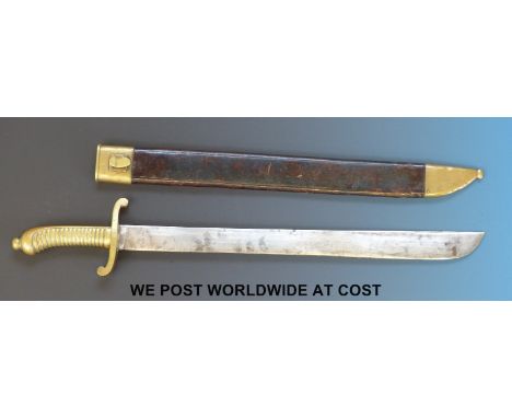 An 1845 model German Fusiliers falchion style short sword with brass bound scabbard stamped IOS.L.I.2.77 and also to handle, 