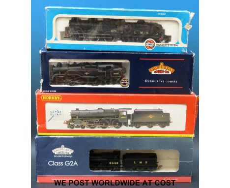 Four Bachmann, Airfix and Hornby 00 gauge locomotives, Class G2A LMS 9449 31-476, Standard Class 4MT tank BR80097 32-351, Cla