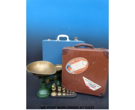 A retro Sirram picnic set, travelling case with Cunard sticker and a set of kitchen scales