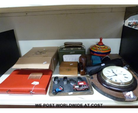 A collection of various items to include Roberts radio, shove halfpenny board, dominoes, binoculars, sundial, Chad Valley hum