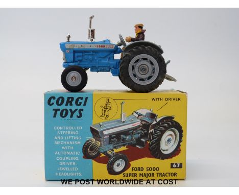 Corgi Toys diecast model Ford 5000 Super Major Tractor, 67, with blue white and silver body, in original box with packaging p
