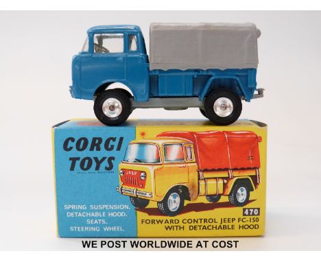 Corgi Toys diecast model Forward Control Jeep FC-150, 470, with light blue body and grey detachable canopy, in original box.